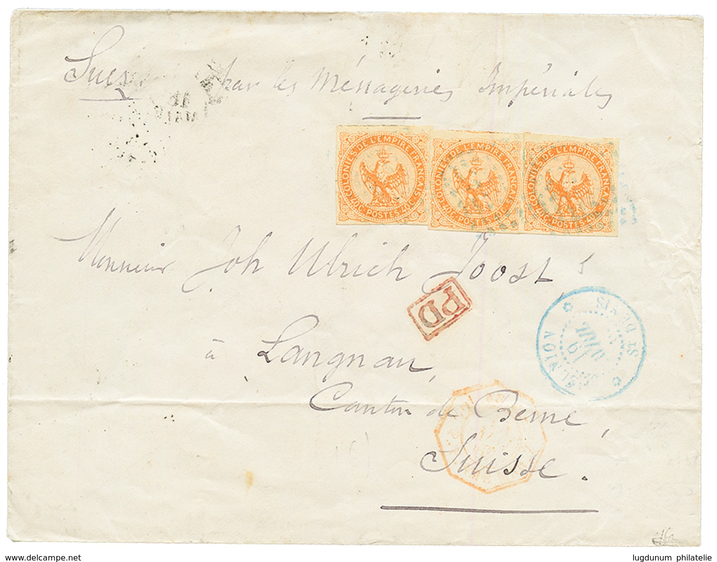 "1F20 Pour La SUISSE" : 1867 40c AIGLE (x3) Sur Lettre De ST DENIS Pour BERNE (SUISS). Signé BRUN. TB. - Other & Unclassified