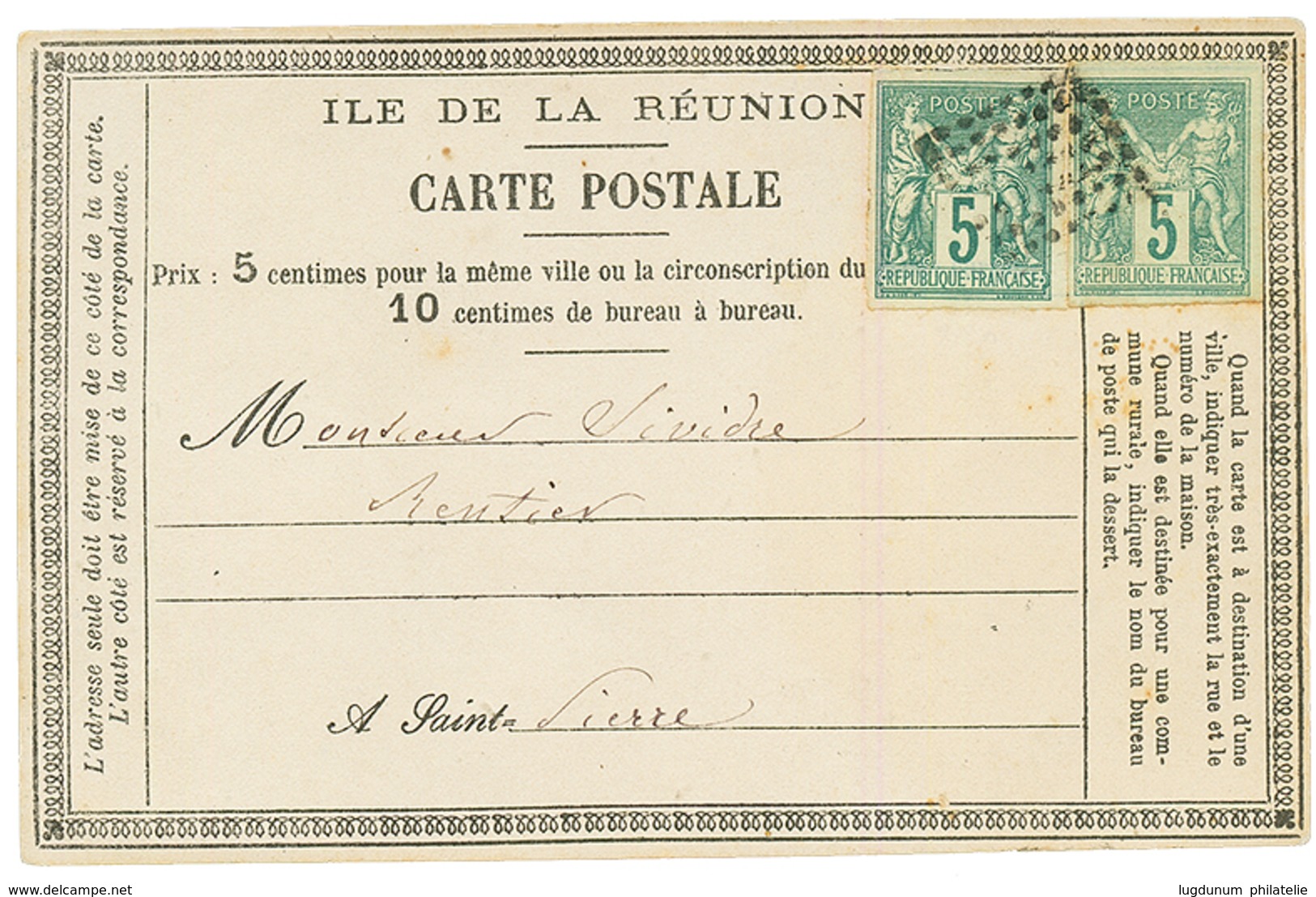 CG 5c SAGE(x2) TTB Margés Obl. Sur CARTE PRECURSEUR De La REUNION Pour ST PIERRE. Superbe. - Otros & Sin Clasificación