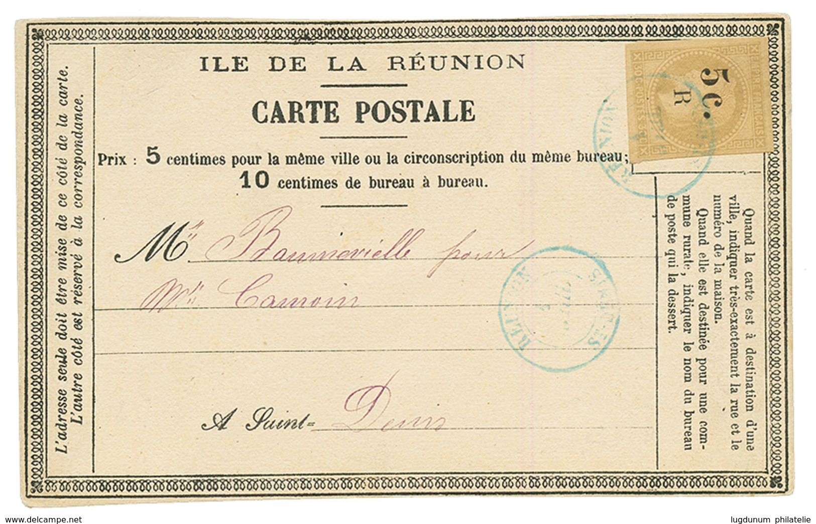 1886 5c S/ 30c(n°5) TB Margé Obl. REUNION ST DENIS CARTE PRECURSEUR Pour ST DENIS. RARE. Superbe. - Other & Unclassified