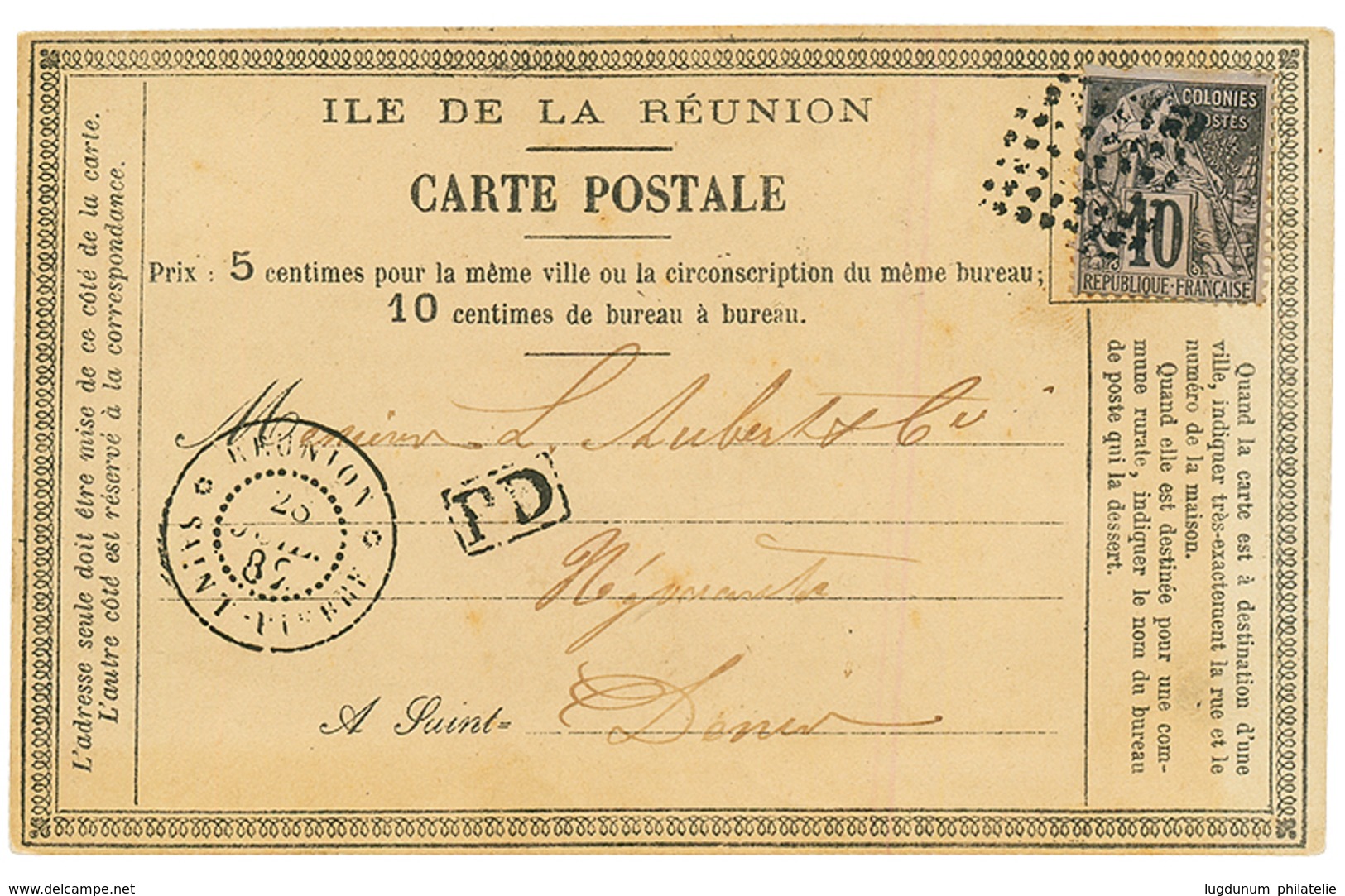 1882 CG 10c Obl. Losange De Points + REUNION ST PIERRE Sur CARTE PRECURSEUR Pour ST DENIS. TTB. - Otros & Sin Clasificación