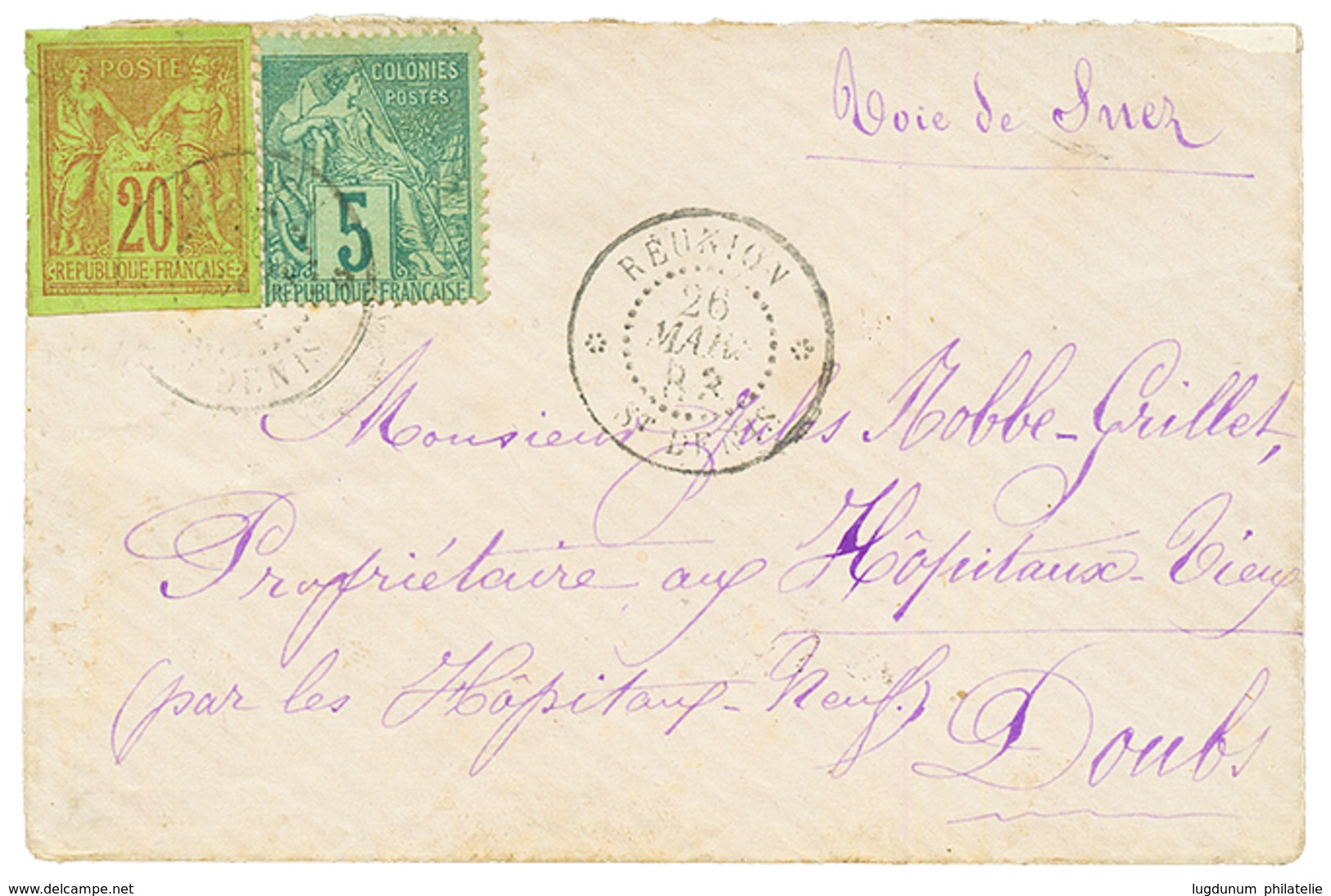 1883 Mixte CG 20c SAGE TTB Margé + 5c ALPHEE DUBOIS Obl. REUNION ST DENIS Sur Enveloppe Pour La FRANCE. Combinaison Rare - Other & Unclassified