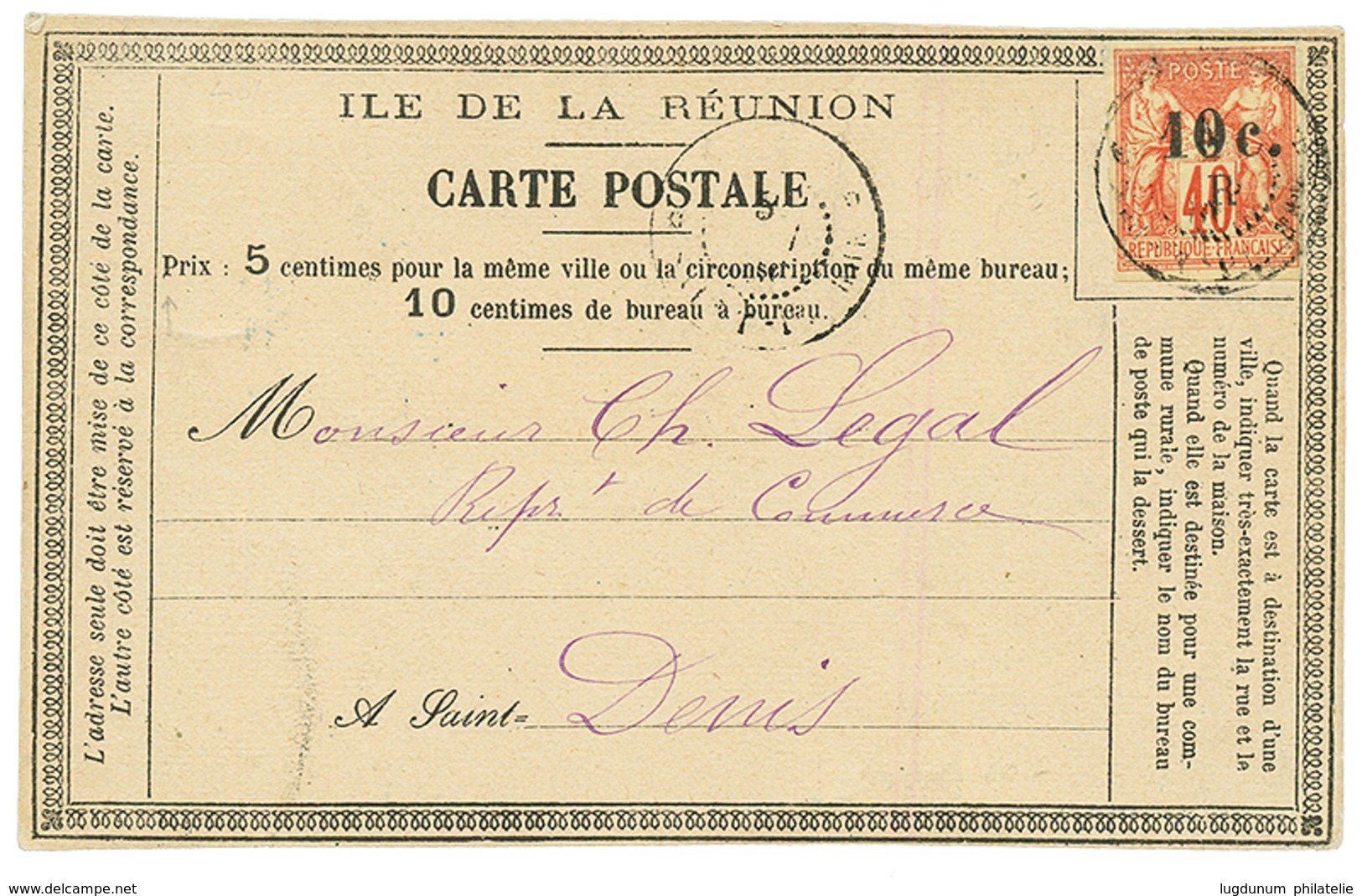 1885 40c S/ 40c Obl. Sur CARTE PRECURSEUR De ST PIERRE Pour ST DENIS. TB. - Other & Unclassified