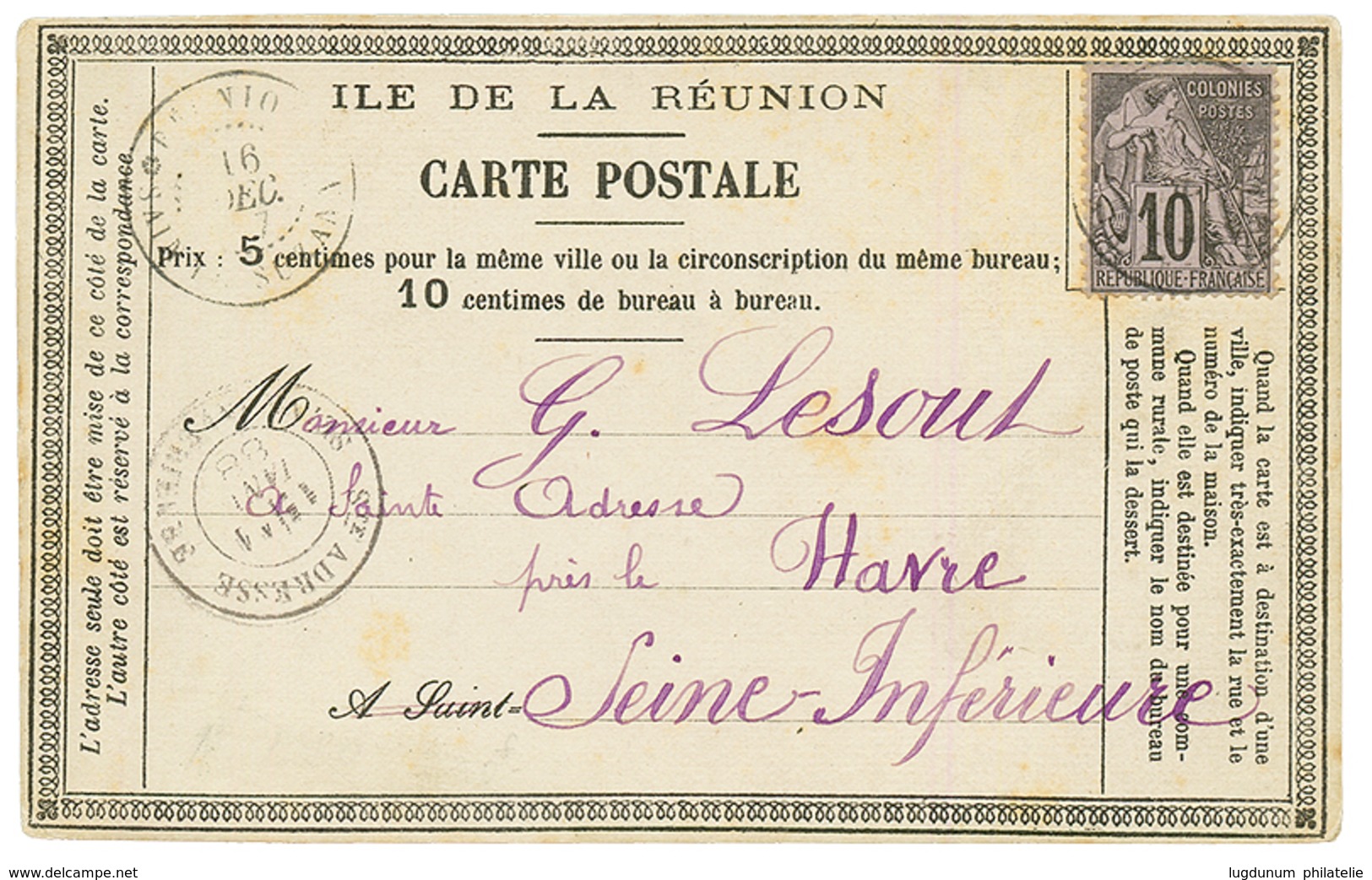 1887 CG 10c Obl. REUNION STE SUZANNE Sur CARTE PRECURSEUR Pour La FRANCE. TB. - Otros & Sin Clasificación