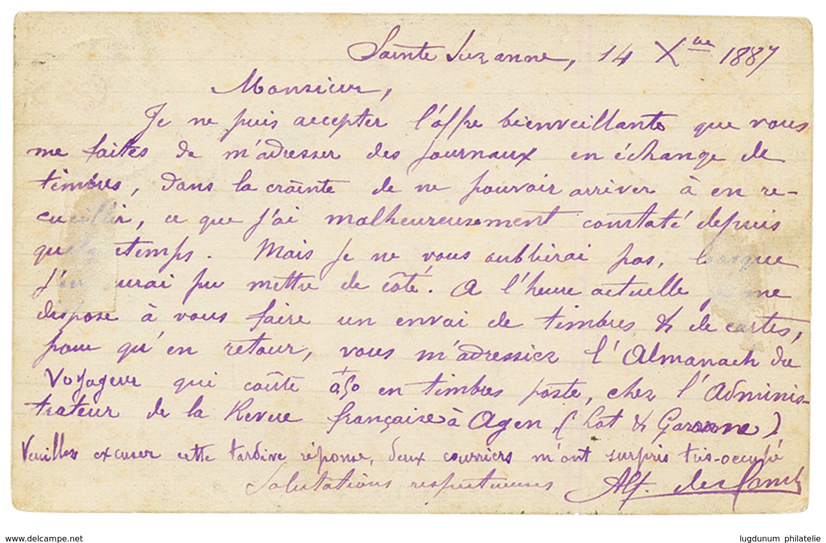 1887 CG 10c Obl. REUNION STE SUZANNE Sur CARTE PRECURSEUR Pour La FRANCE. TB. - Otros & Sin Clasificación