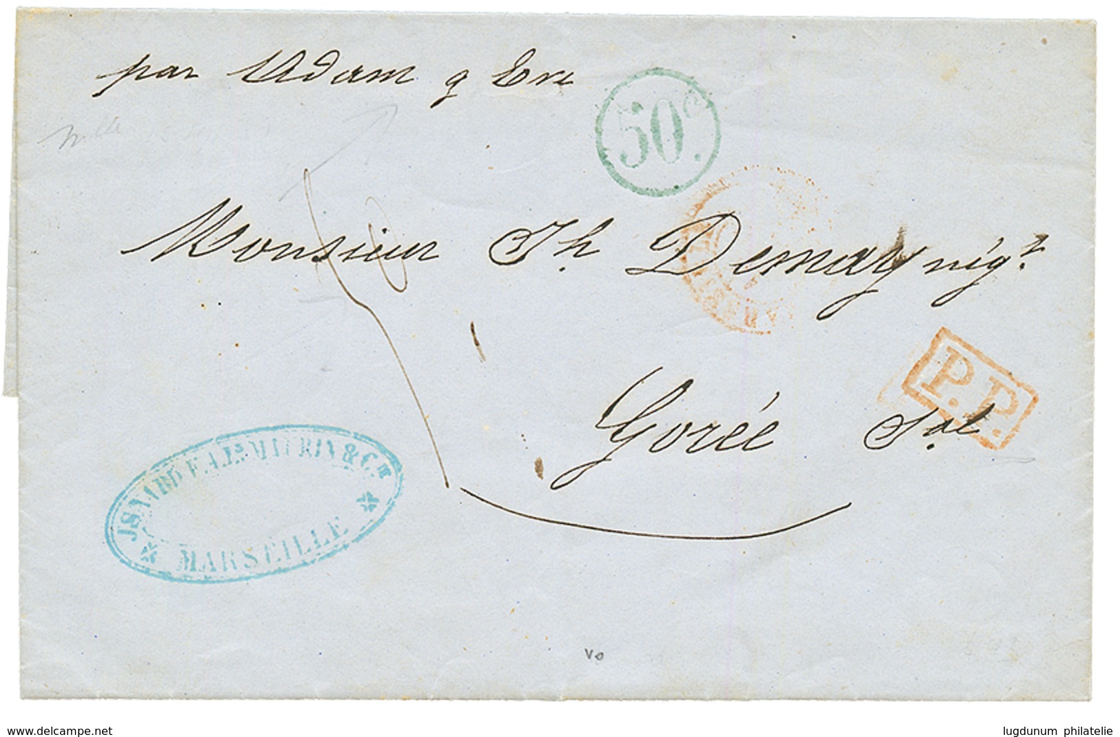 "TAXE De GOREE" : 1851 Trés Rare Cachet Taxe Bleu 50c Apposé à GOREE + P.P Sur Lettre Avec Texte De MARSEILLE Pour GOREE - Otros & Sin Clasificación