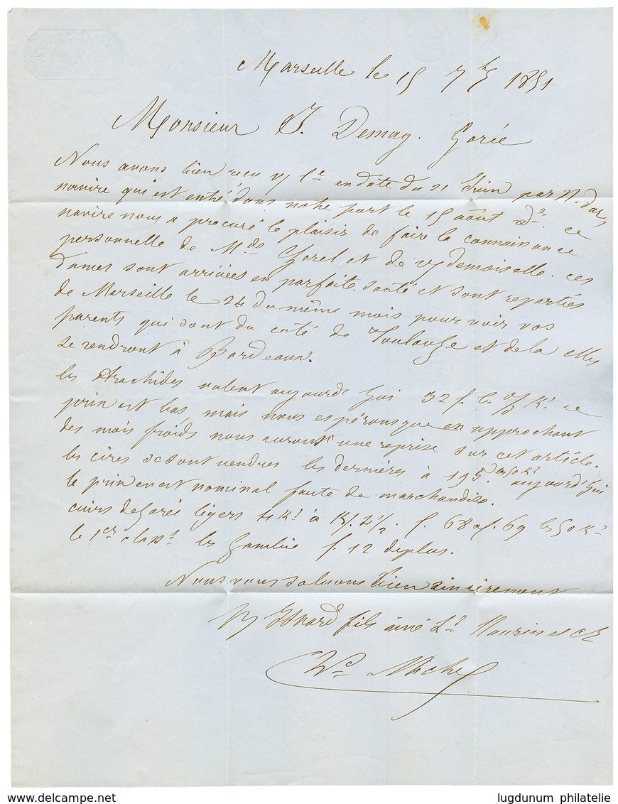 "TAXE De GOREE" : 1851 Trés Rare Cachet Taxe Bleu 50c Apposé à GOREE + P.P Sur Lettre Avec Texte De MARSEILLE Pour GOREE - Otros & Sin Clasificación