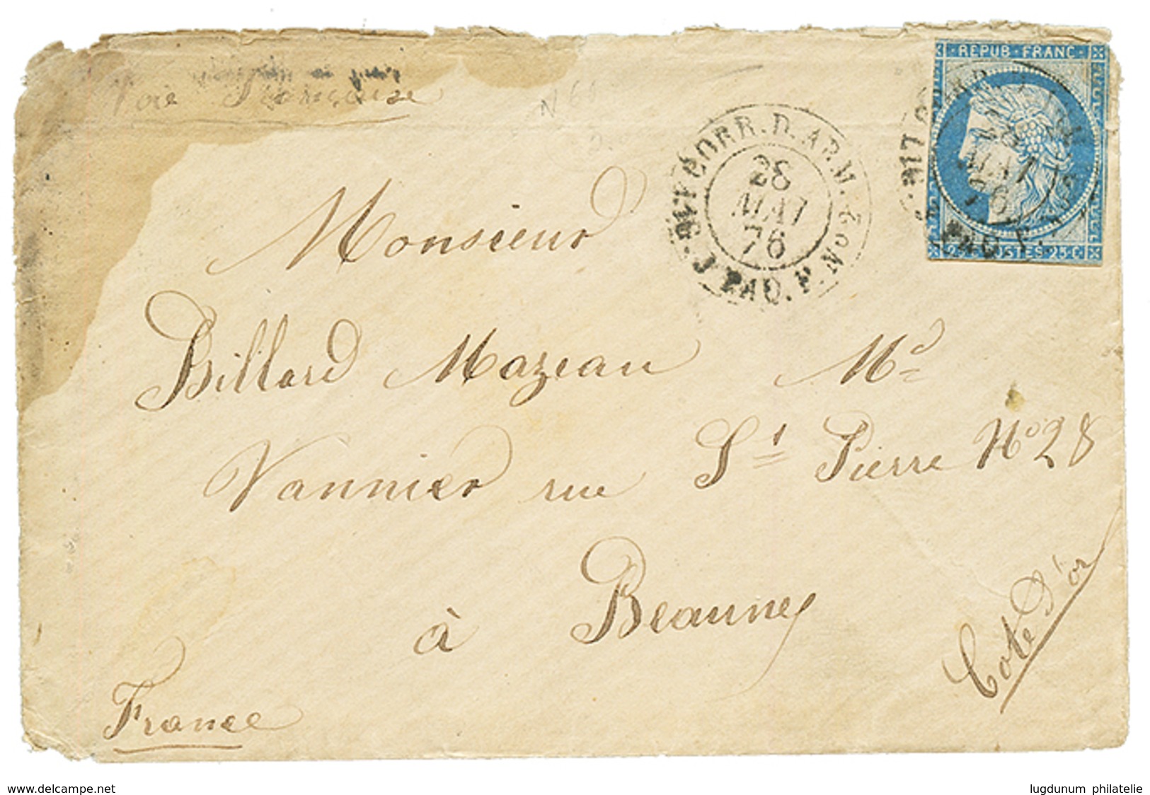 THIES - PRECURSEUR" : 1876 Timbre De FRANCE 25c CERES Dents Découpées (FRAUDE POSTALE) Obl. CORR. D' ARM. LIG. J PAQ F.  - Other & Unclassified