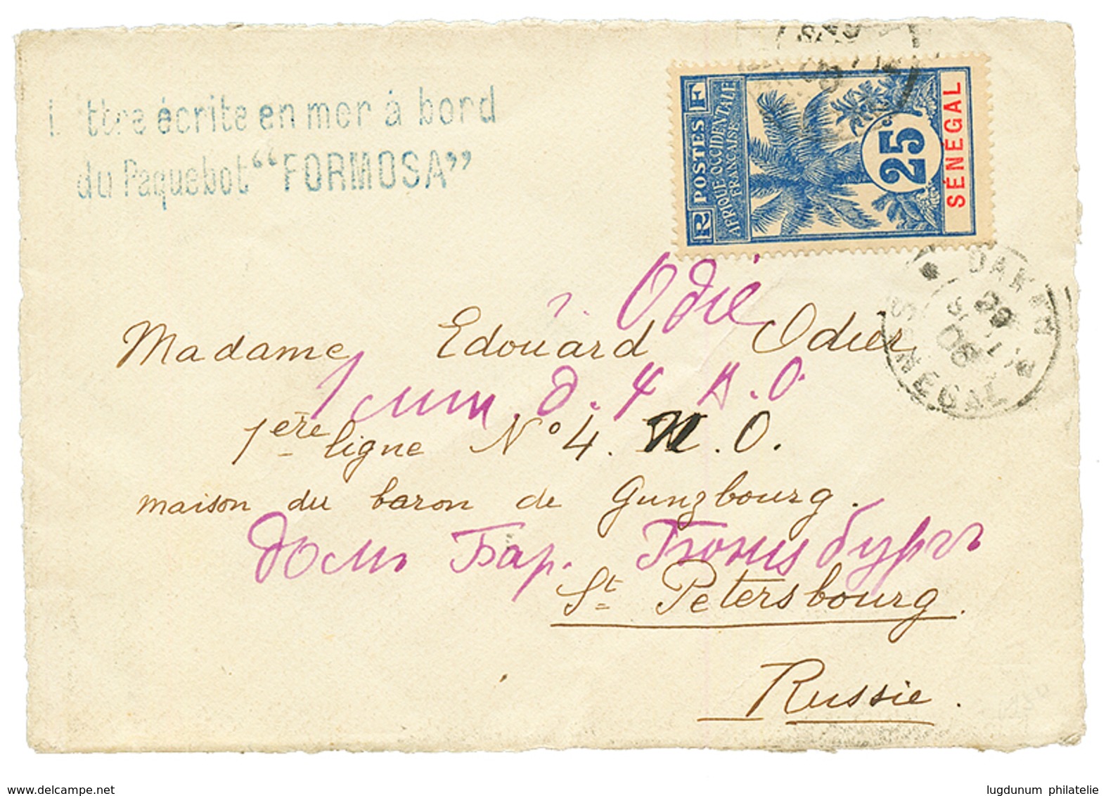 POSTE MARITIME : 1906 25c PALMIER Obl. DAKAR SENEGAL + Griffre Rare "LETTRE ECRITE En MER à BORD/ Du PAQUEBOT FORMOSA" S - Other & Unclassified