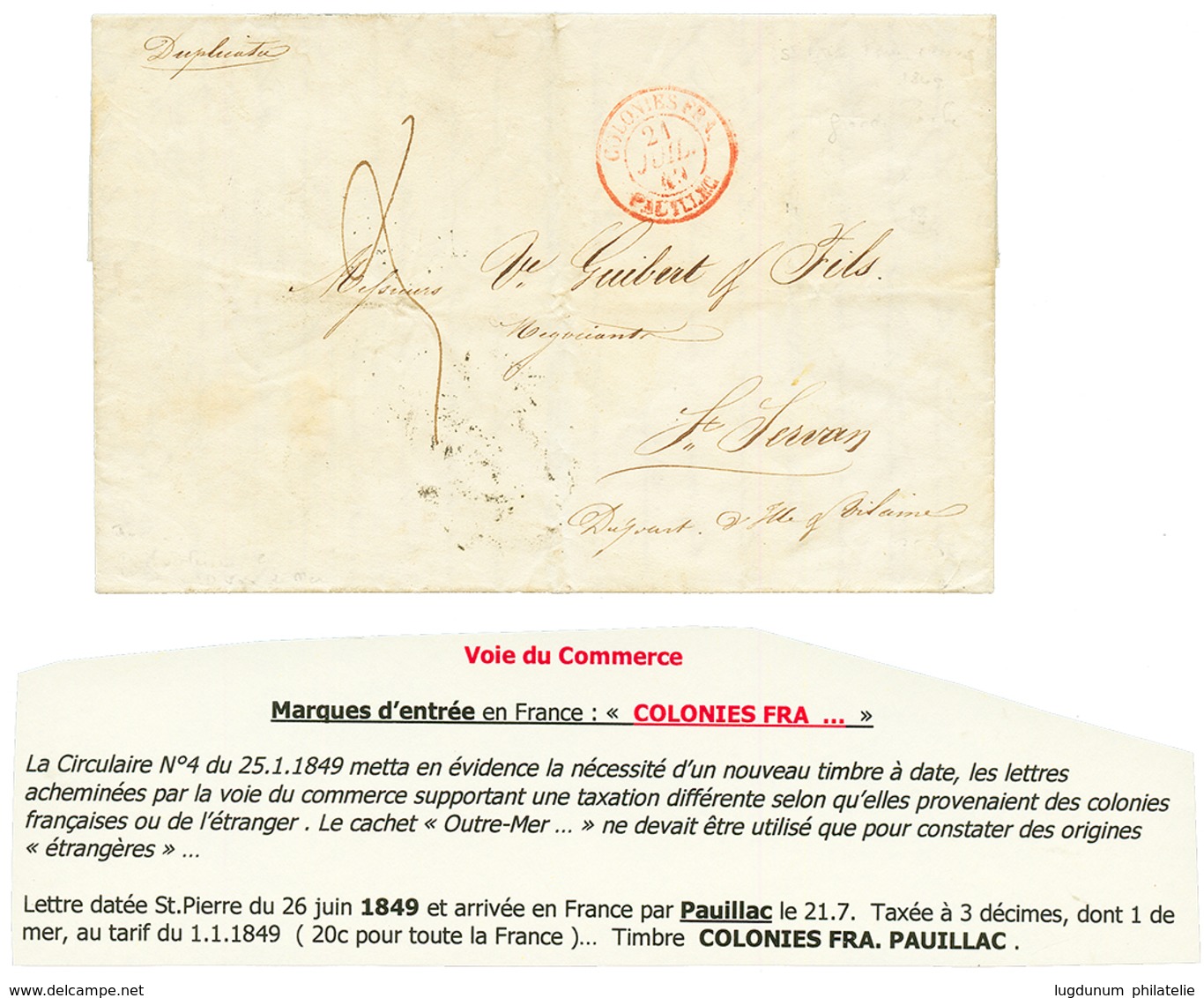 1849 COLONIES FRA. PAUILLAC Rouge Sur Lettre Avec Texte Daté "ST PIERRE DE T. N." Pour ST SERVAN. Superbe. - Other & Unclassified