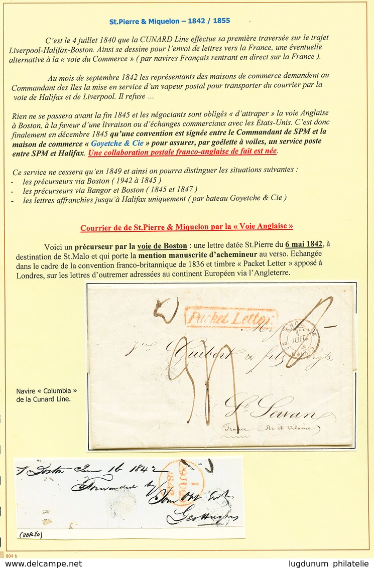 1842 PACKET LETTER + Taxe 34 Sur Lettre Daté "ST PIERRE DE T. N." Pour SERVAN. Acheminement Rare. Superbe. - Otros & Sin Clasificación