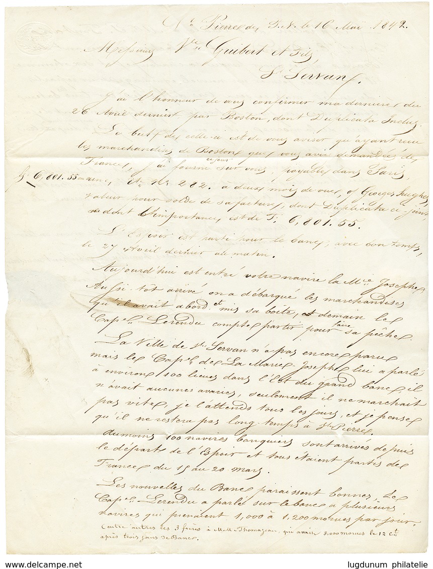 1842 PACKET LETTER + Taxe 34 Sur Lettre Daté "ST PIERRE DE T. N." Pour SERVAN. Acheminement Rare. Superbe. - Other & Unclassified