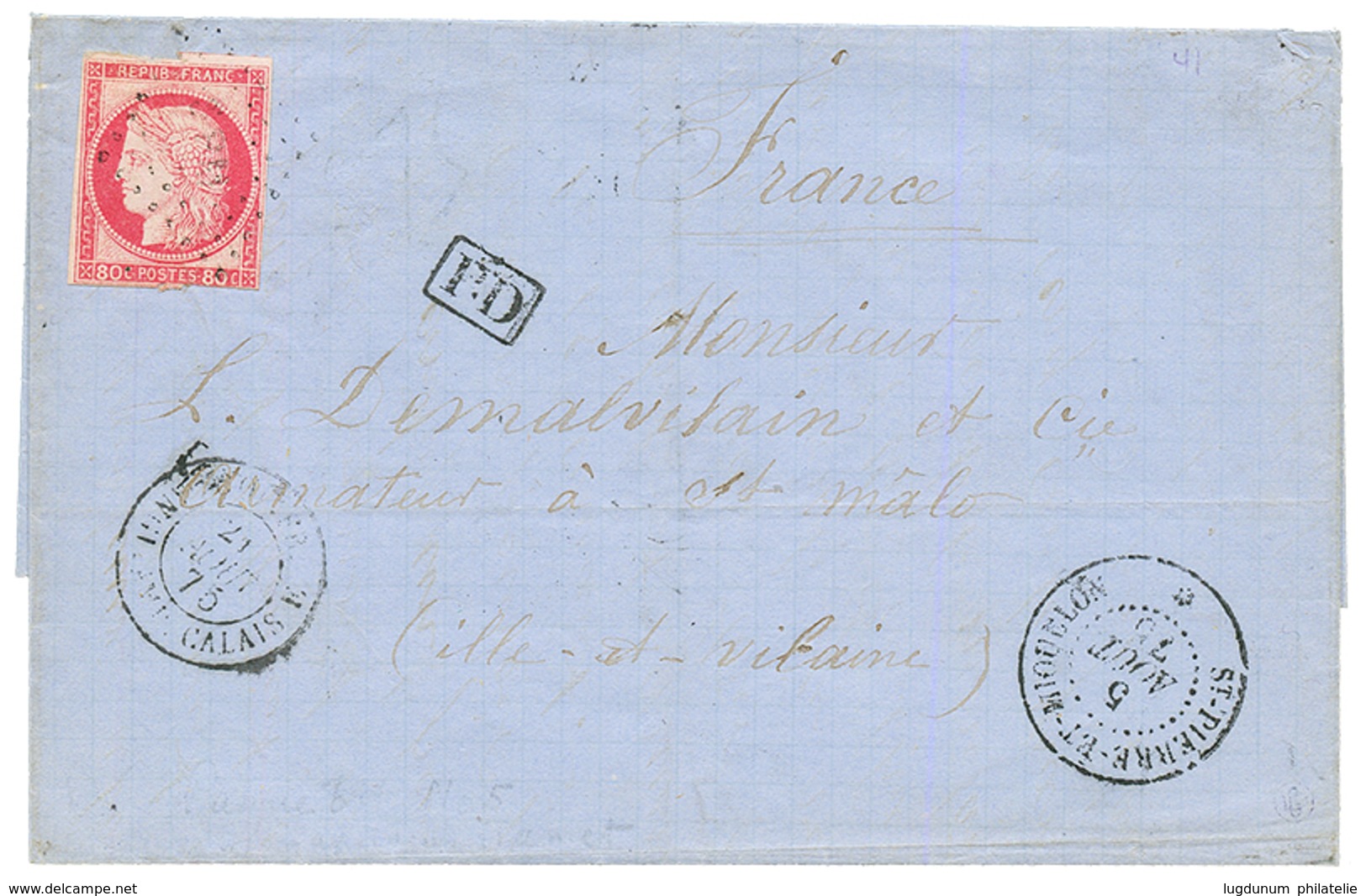 1875 CG 80c CERES(pd) Obl. SPM + ST PIERRE ET MIQUELON Sur Lettre Pour ST MALO. TB. - Other & Unclassified