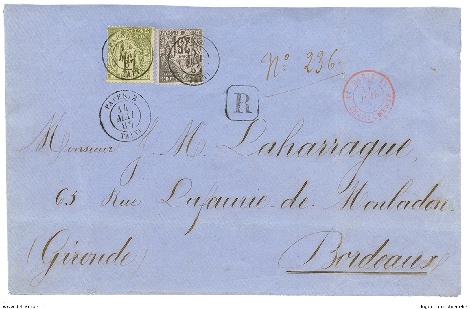 1897 COLONIES GENERALES 25c + 1F Obl. PAPEETE TAITI Sur Env. RECOMMANDEE Pour La FRANCE. TTB. - Otros & Sin Clasificación