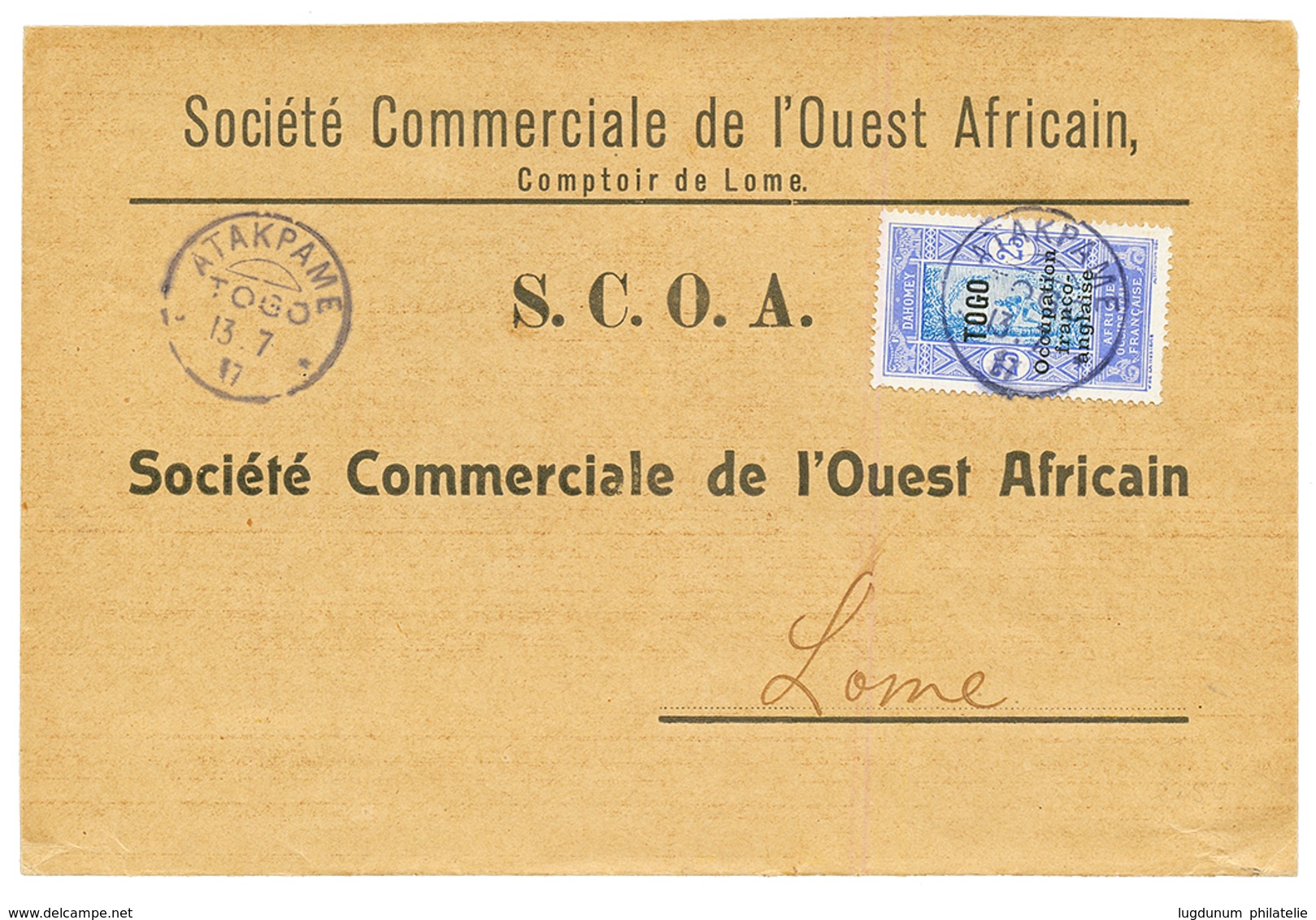 OCCUP. FRANCO-ANGLAISE : 1917 25c(n°91) Obl. ANECHO Sur Enveloppe Commerciale Pour LOME. Superbe. - Other & Unclassified