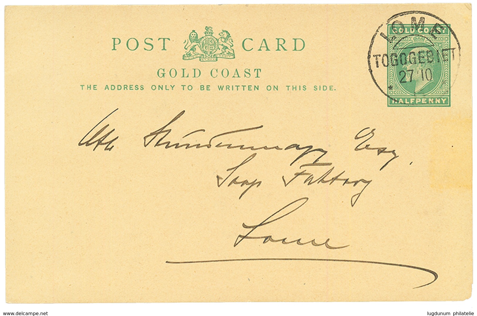 1915 GOLD COAST Entier Postal 1/2p Obl. LOME TOGOGEBIET Pour Soop FACTORY LOME. Superbe. - Altri & Non Classificati