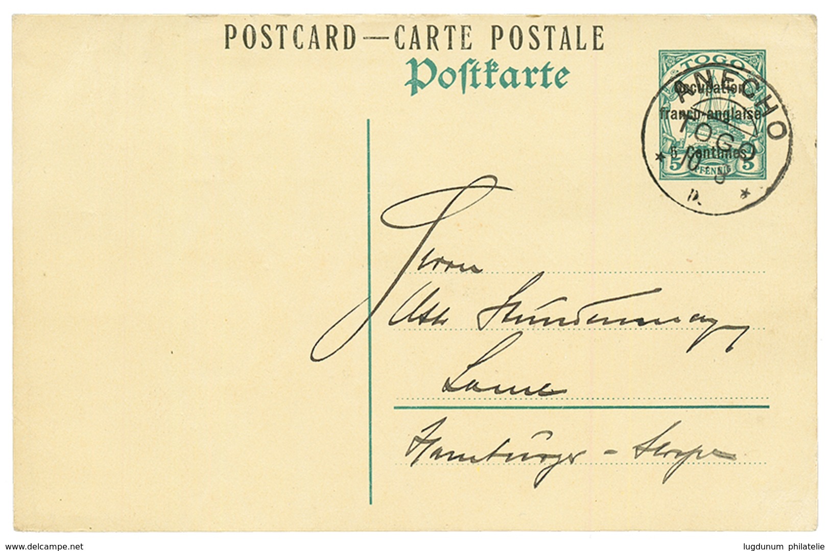 1915 ENTIER Rare 5c S/ 5pf OCCUPATION FRANCO-ANGLAISE Obl. ANECHO TOGO To LOME. RARE. TTB. - Otros & Sin Clasificación