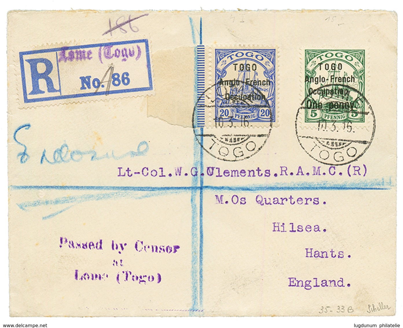 OCCUPATION FRANCO-ANGLAISE : 1916 N°33B + N°35 Obl. LOME TOGO Sur Env. RECOMMANDEE Pour Un Militaire En ANGLETERRE. RARE - Altri & Non Classificati