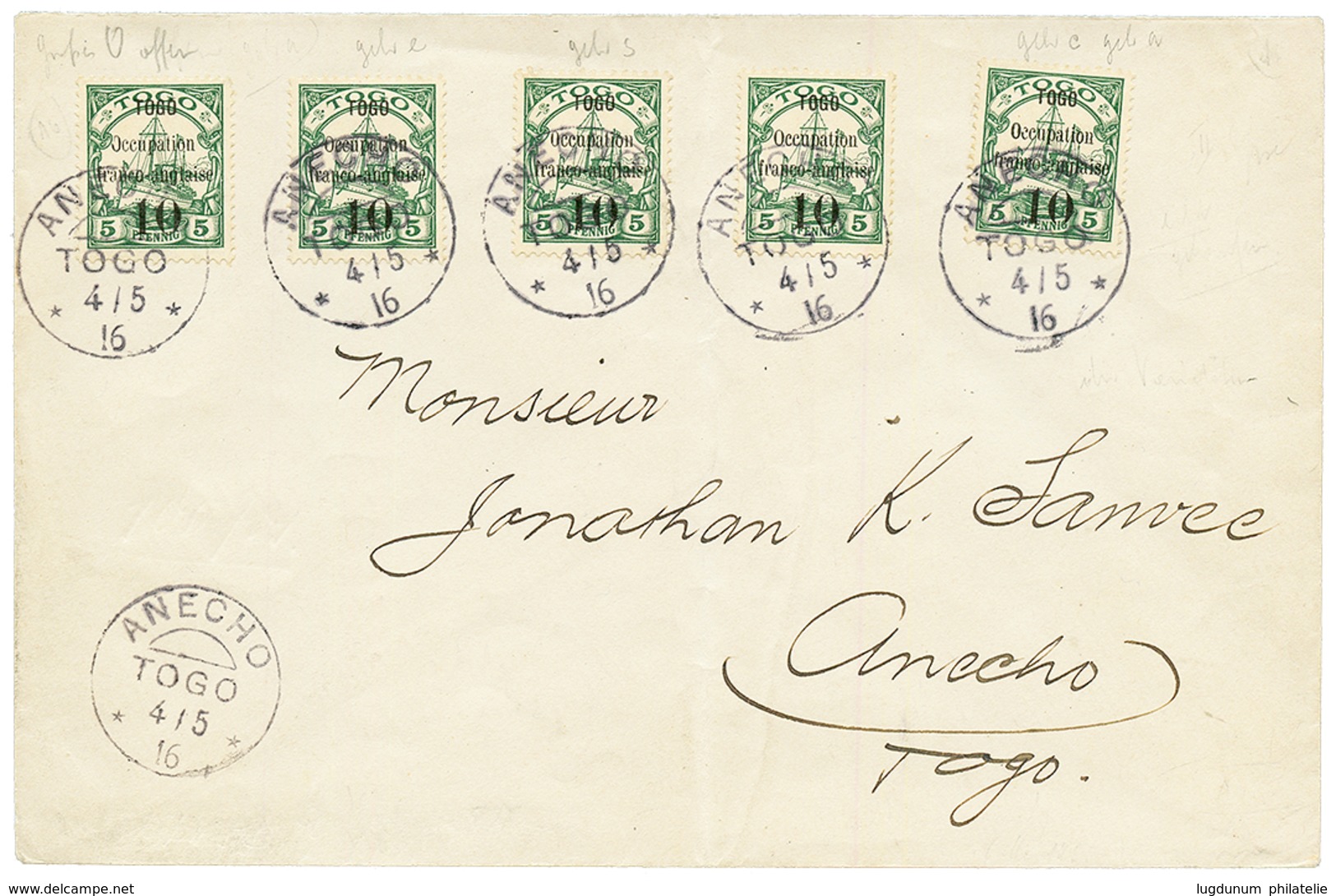 TOGO - Occupation Française : 1916 10 S/ 5pf (n°24)x5 Obl. ANECHO Sur Lettre Locale. Rare. TTB. - Other & Unclassified