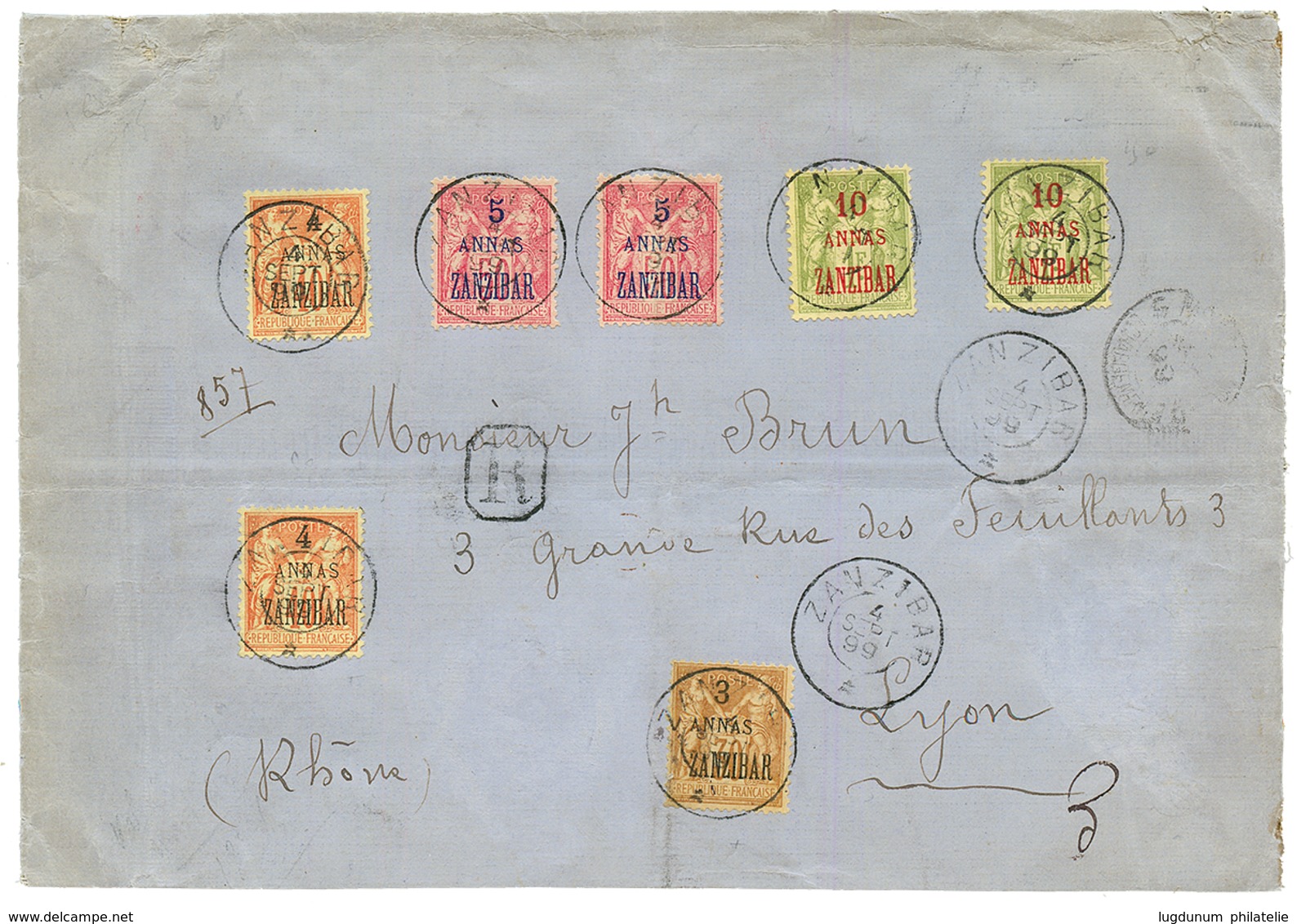 1899 3a + 4a(x2) + 5a(x2) + 10a(x2) Obl. ZANZIBAR Sur Enveloppe RECOMMANDEE Pour LYON. Affrt RARE. TB. - Andere & Zonder Classificatie