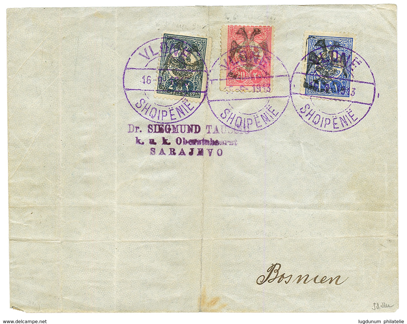ALBANIA : 1913 20p(n°5) + 1P(n°7) + 2P (n°9) Canc. VLONE On Envelope To BOSNIA. RARE Stamps On Cover (YVERT = 610€ For S - Albania