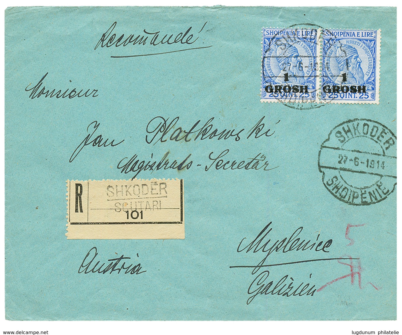 1914 1 GR.(x2) Canc. SHKODRE SCUTARI On REGISTERED Envelope To AUSTRIA. Superb. - Albania