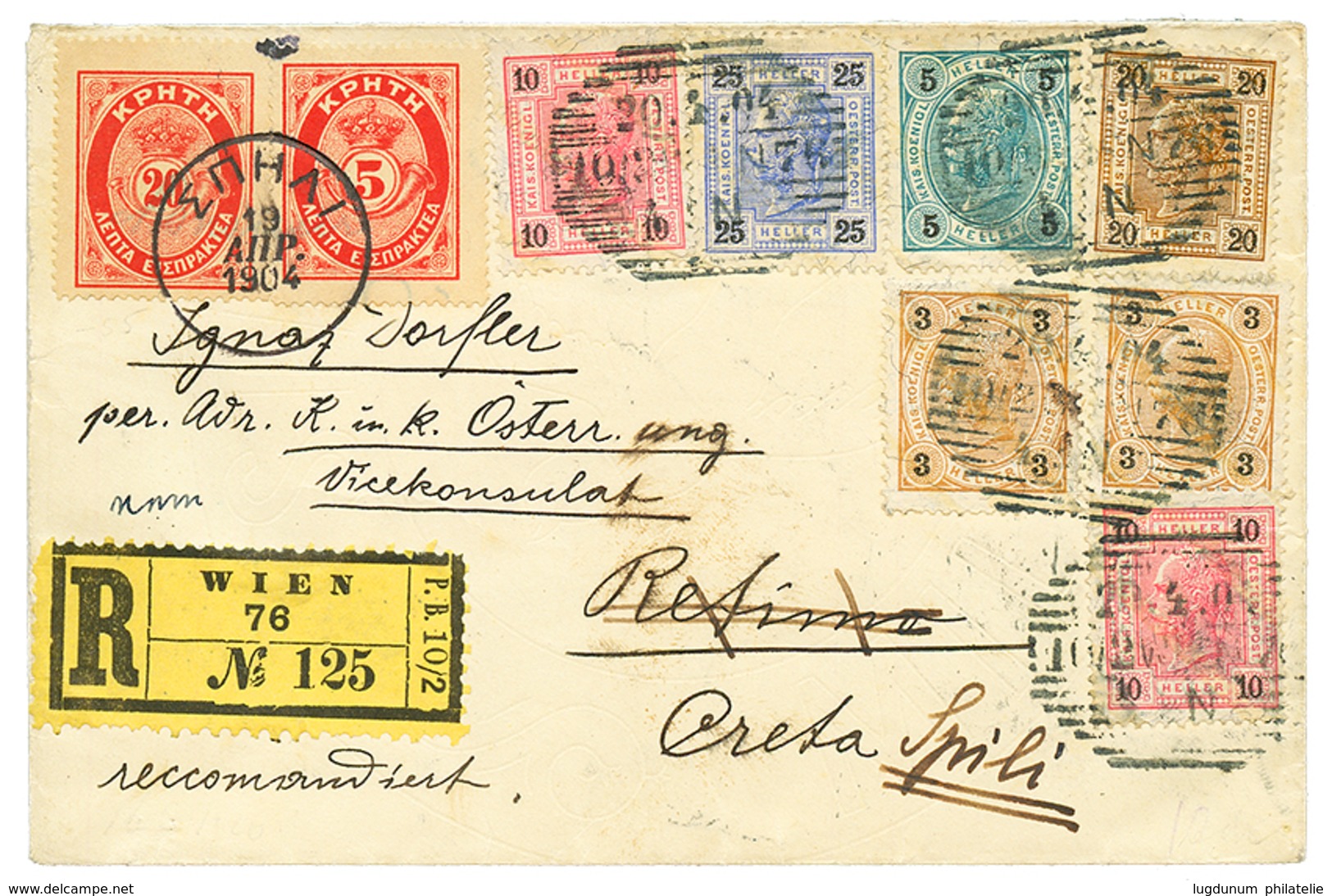 1904 AUSTRIA 3h(x2) +5h+ 10h(x2)+ 20h+ 25h Canc. WIEN + CRETE POSTAGE DUE 5l + 20l On REGISTERED Envelope From WIEN To R - Otros & Sin Clasificación