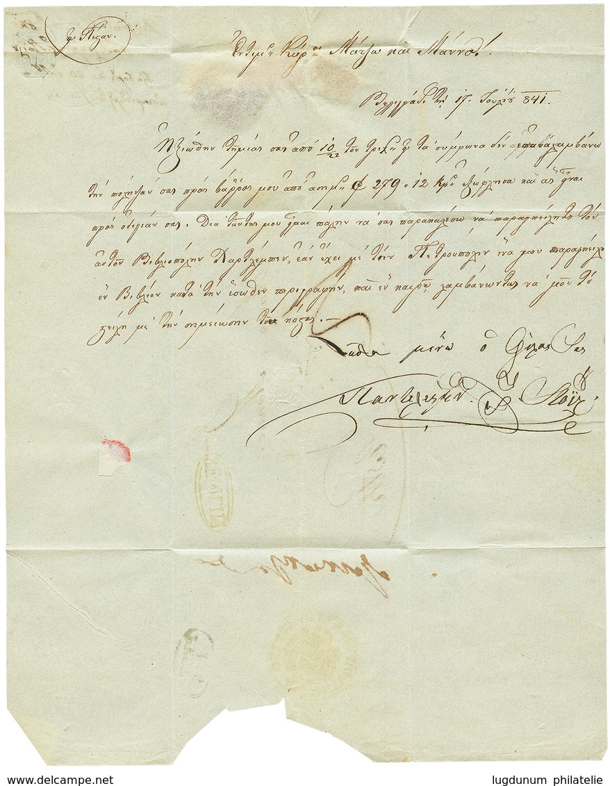 BELGRAD : 1841 SEMLIN On Entire Letter From BELGRAD To PEST. Verso, Disinfected Cachet + Wax Seal. Vvf. - Levant Autrichien