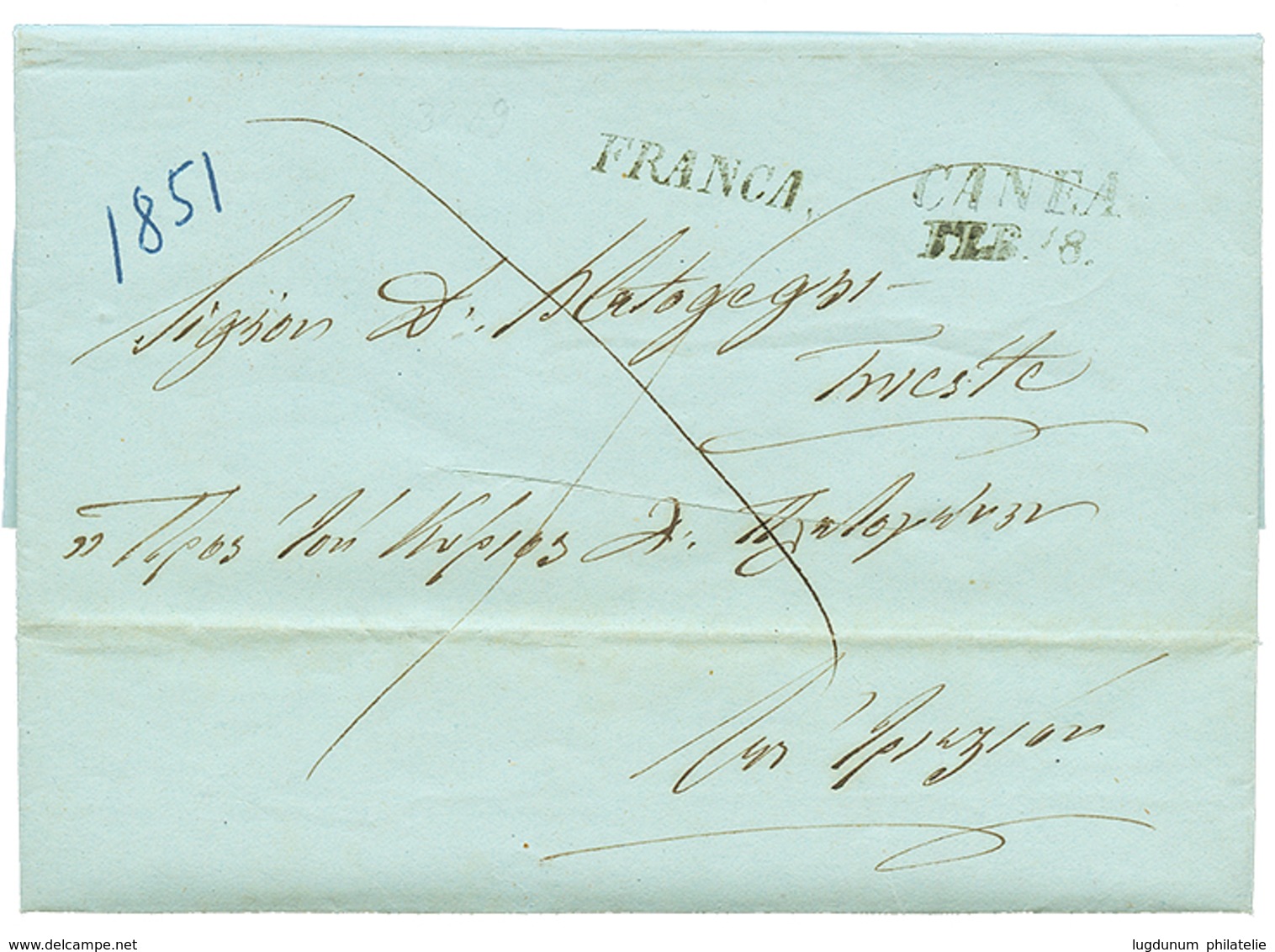 "CANEA" : 1851 CANEA/FEB.8 + FRANCA On DISINFECTED Entire Letter To TRIESTE. Vvf. - Eastern Austria