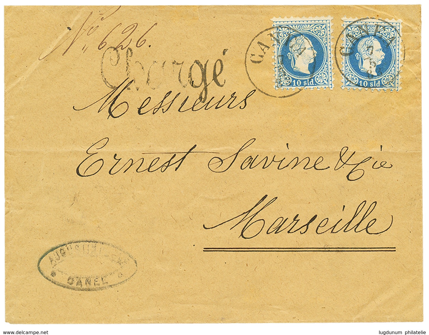 "CANEA + CHARGE" : 1883 10 Soldi(x2) Canc. CANEA + Cachet CHARGE On Envelope To FRANCE. RARE. Vf. - Oriente Austriaco