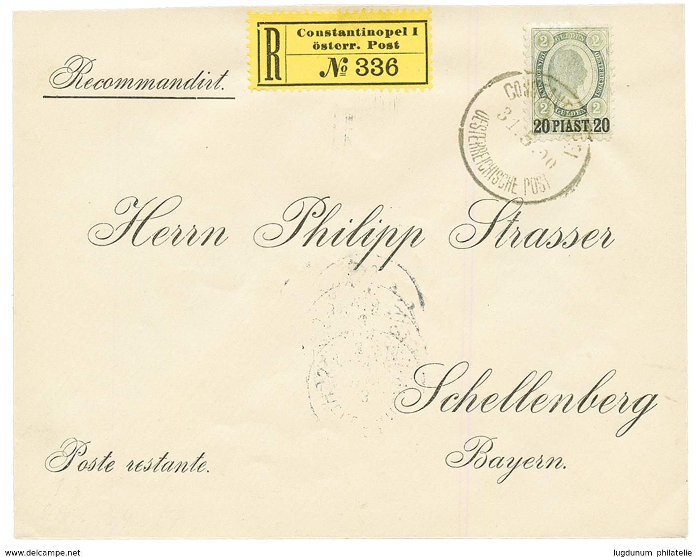 CONSTANTINOPLE : 20 PIASTER Canc. CONSTANTINOPEL On REGISTERED Envelope To BAVARIA. Superb. - Oriente Austriaco