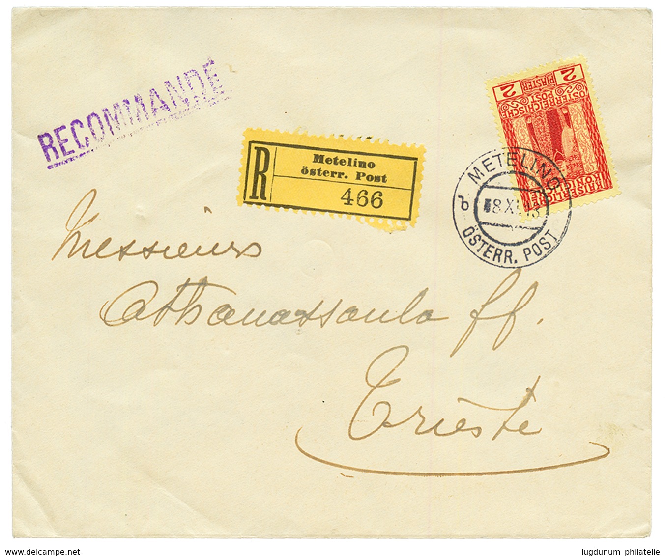 METELINE : 1913 2P Canc. METELINO On REGISTERED Envelope To TRIESTE. Superb. - Oriente Austriaco