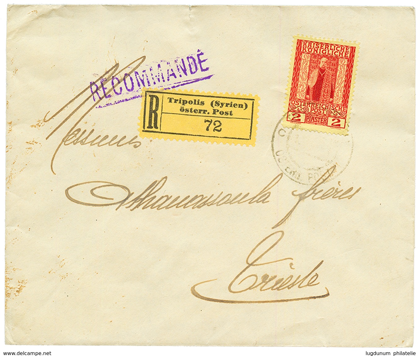 TRIPOLI SYRIA: 1913 2P Canc. TRIPOLIS On REGISTERED Envelope To TRIESTE. Scarce. Vf. - Eastern Austria