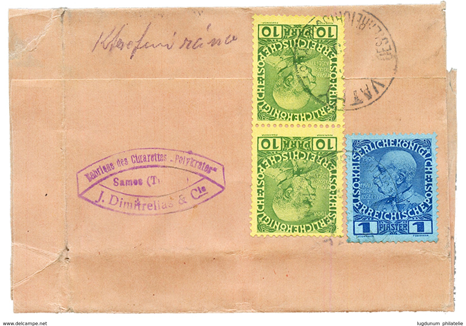 VATHY - REGISTERED WRAPPER : 10p(x2) + 1P Canc. VATHY + ECHANTILLON SANS VALEUR RECOMMANDE In Violet On REGISTERED WRAPP - Eastern Austria