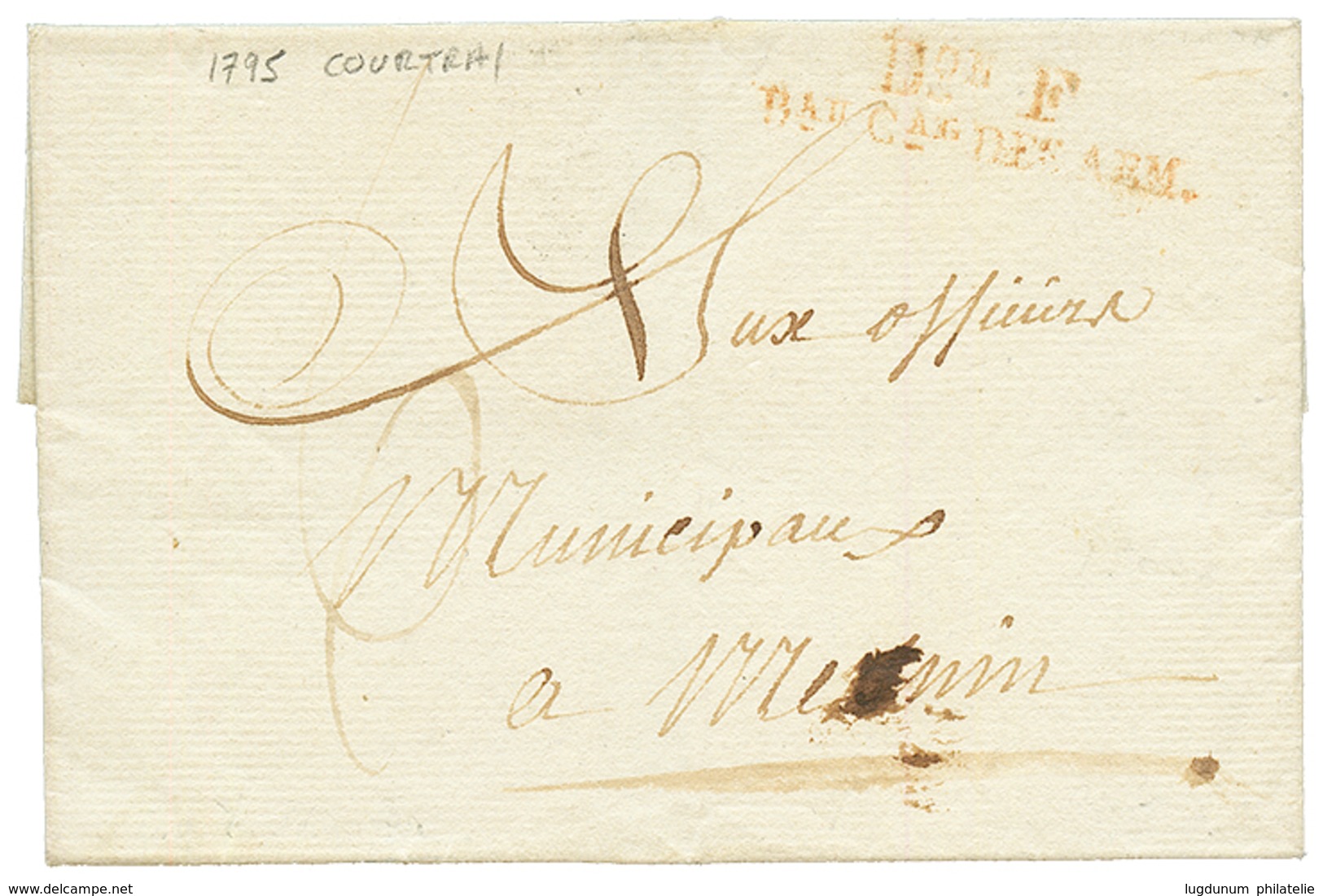 An 3 Don F Bau Cal DES ARM. On Entire Letter Datelined "COURTRAI" To MENIN. Scarce. Vf. - Otros & Sin Clasificación