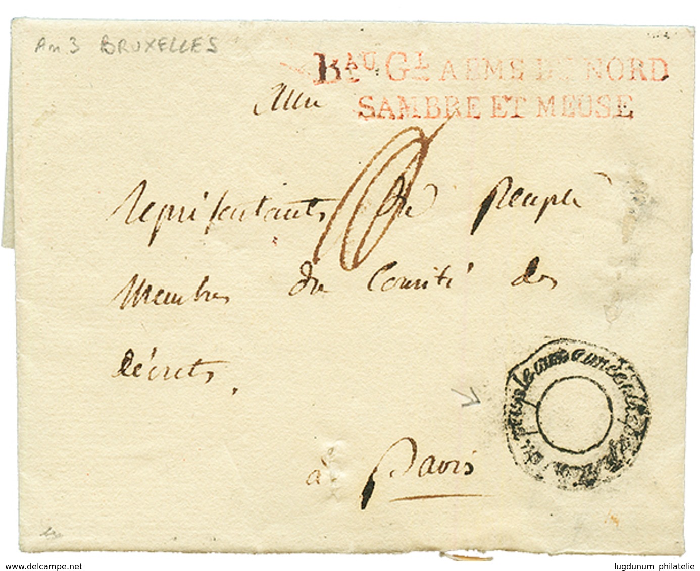 An 3 Rare Cachet Bau Gl ARMS DU NORD / SAMBRE ET MEUSE In Red On Entire Letter Datelined "BRUXELLES" To PARIS. Scarce (R - Other & Unclassified