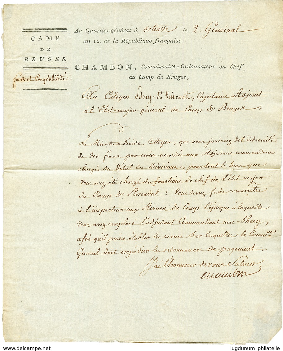 An 12 Cachet C. ORDr En CHEF/ CAMP De BRUGES On Entire Printed Letter Datelined "CAMP De BRUGES" To OSTENDE. Vvf. - Autres & Non Classés