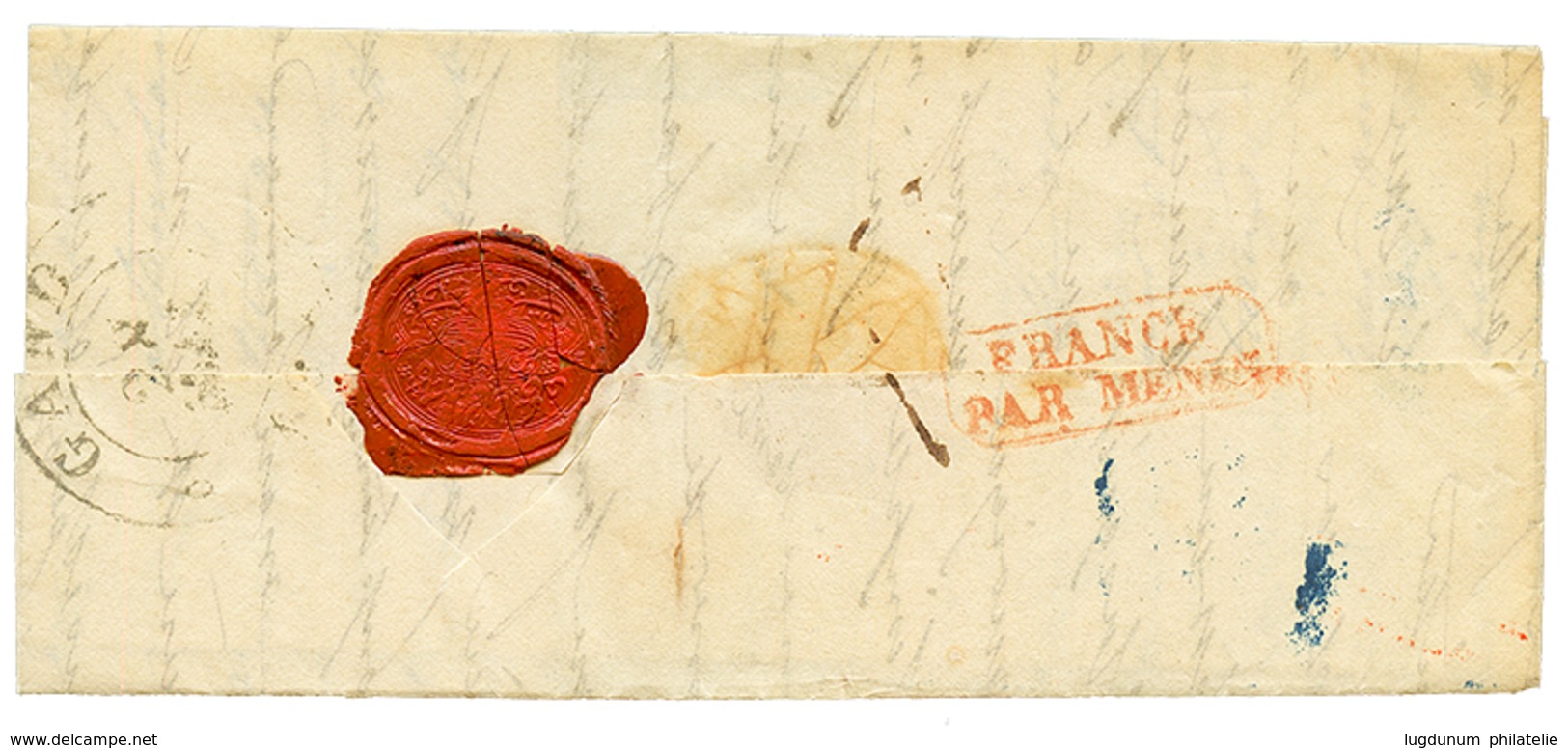 1835 Rare Boxed Entry Mark FRANCE PAR MENIN In Red On Reverse Of Entire Letter From PARIS To GAND. Recto, Bau DE POSTES/ - Otros & Sin Clasificación