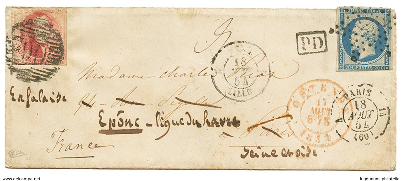 1854 BELGIUM 40c Canc. 16 + OSTENDE + FRANCE 20c Star Cancel On Envelope With Full Text From OSTENDE To PARIS Redirected - Other & Unclassified
