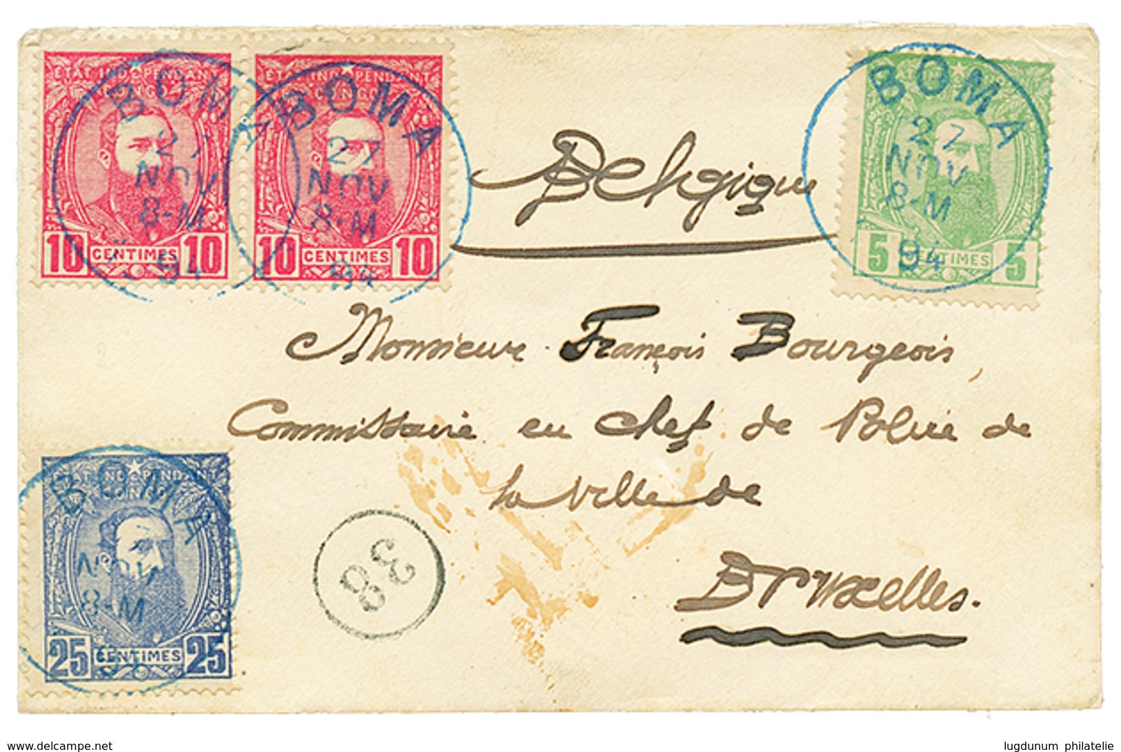 BELGIAN CONGO : 1894 5c + 10c(x2) + 25c Canc. BOMA On Envelope To BELGIUM. RARE. Superb. - Other & Unclassified