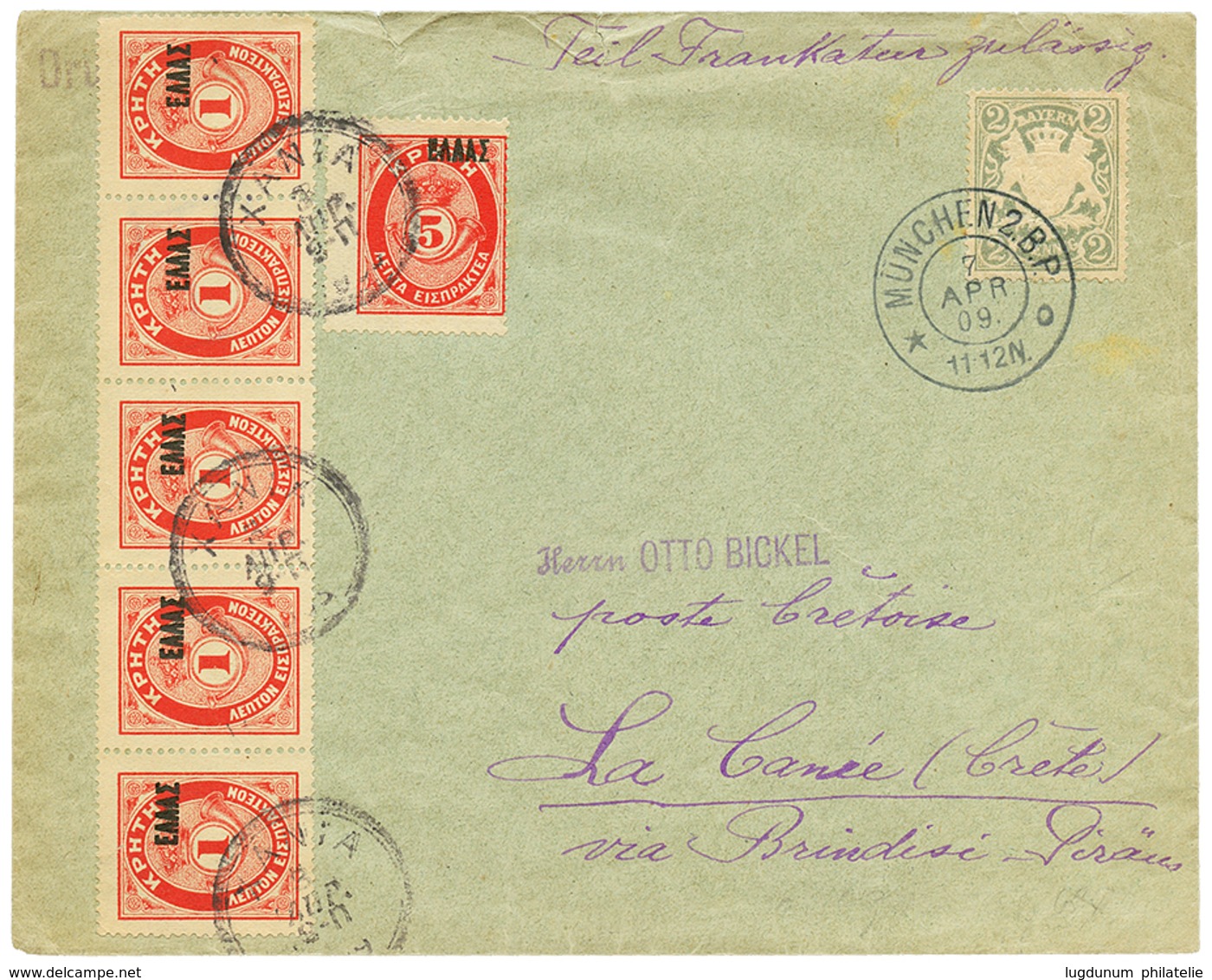 CRETE : 1909 BAVARIA 2pf Canc. MÜNCHEN On Envelope To LA CANEE Taxed On Arrival With CRETE POSTAGE DUES 1l Strip Of 5 +  - Crete