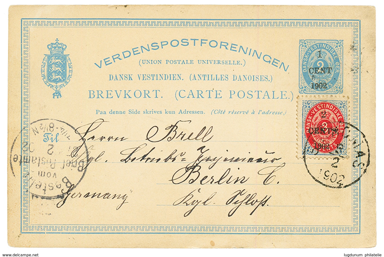 DANISH WEST INDIES : 1902 P./Stat Overprint 1 CENT 1902 + 2 CENTS On 3c Canc. ST THOMAS To BERLIN. Scarce. Vvf. - Dinamarca (Antillas)