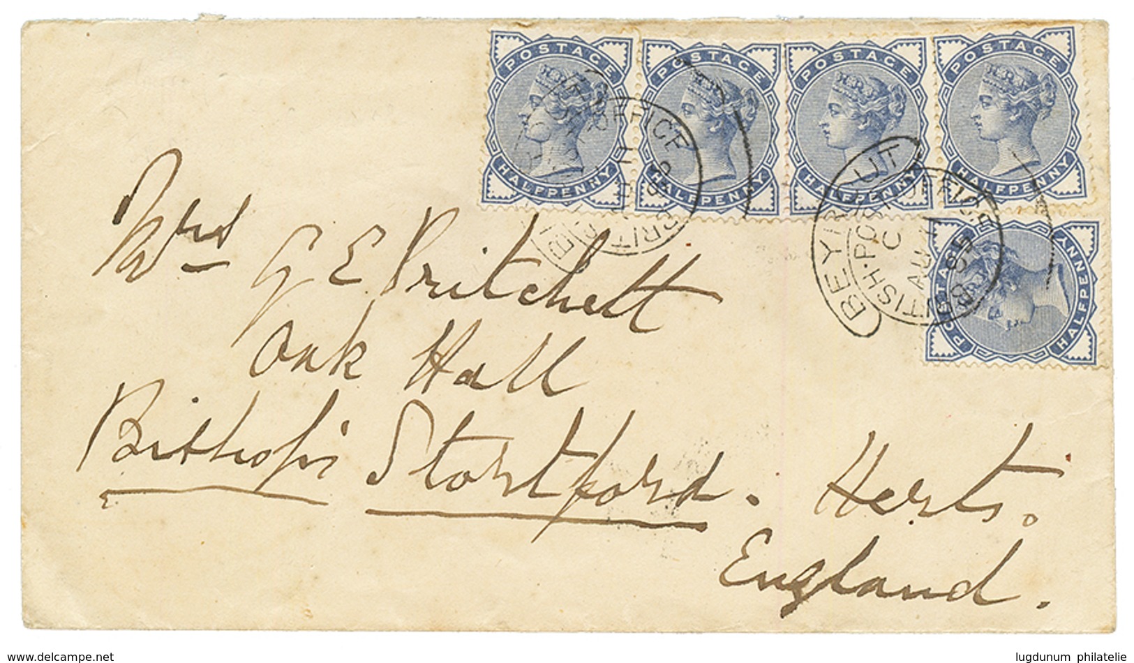 "BEYROUTH" : 1885 GB 1/2p Blue (x5) Canc. BEYROUTH BRITISH POST OFFICE On Envelope To ENGLAND. RARE. Vf. - Autres & Non Classés