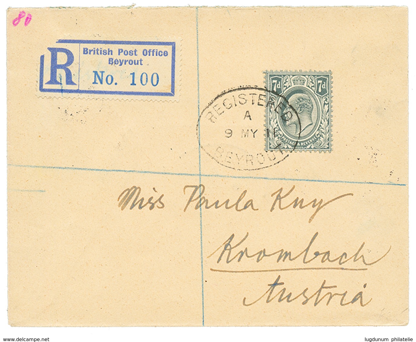 GB Used In SYRIA : 1911 GREAT BRITAIN 7d Canc. REGISTERED BEYROUTH On Envelope To KROMBACH (AUSTRIA). Extremely Rare Sta - Other & Unclassified