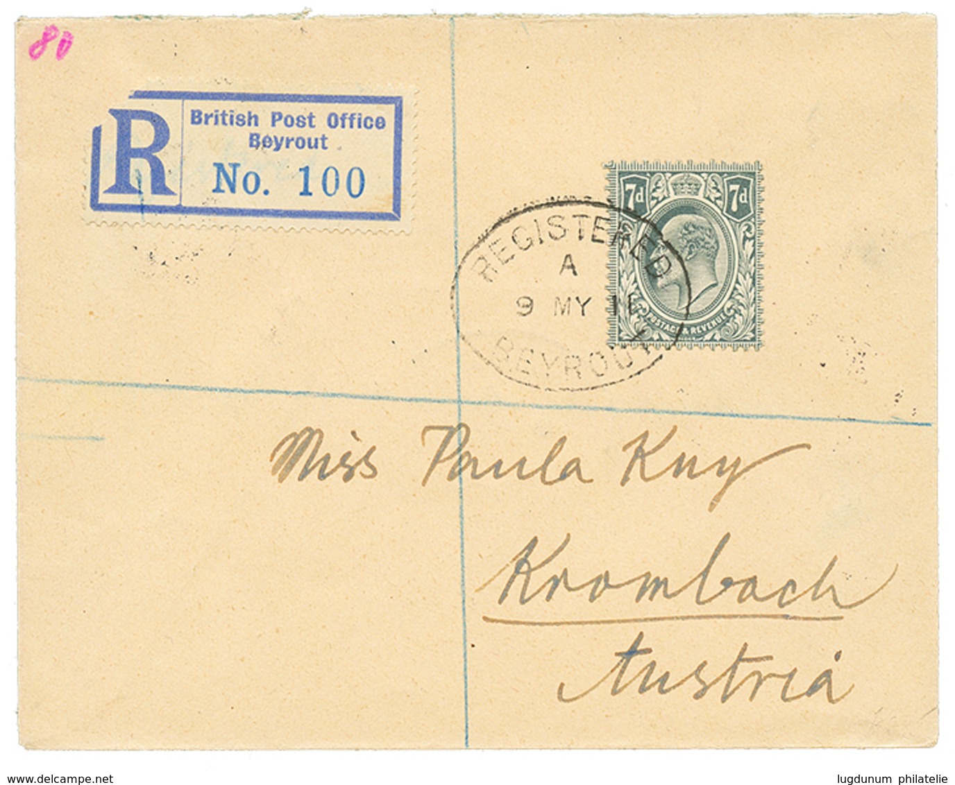 GB Used In SYRIA : 1911 GREAT BRITAIN 7d Canc. REGISTERED BEYROUTH On Envelope To KROMBACH (AUSTRIA). Extremely Rare Sta - Autres & Non Classés