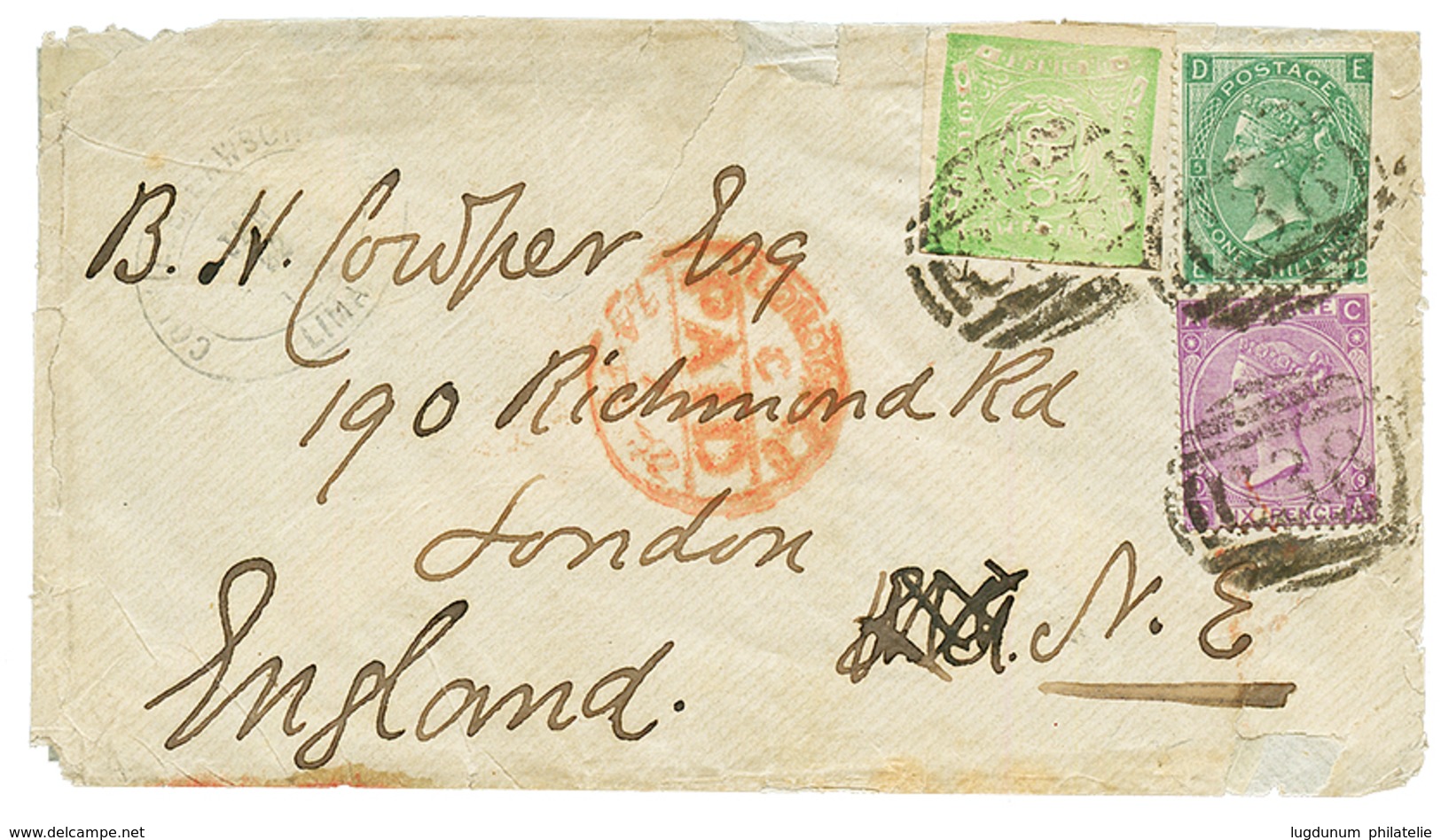 CALLAO PERU : 1872 Mixt GB 1 SHILLING + 6d + PERU 1D Canc. C38 On Envelope From LIMA To ENGLAND. Verso, CALLAO Cds. Scar - Otros & Sin Clasificación