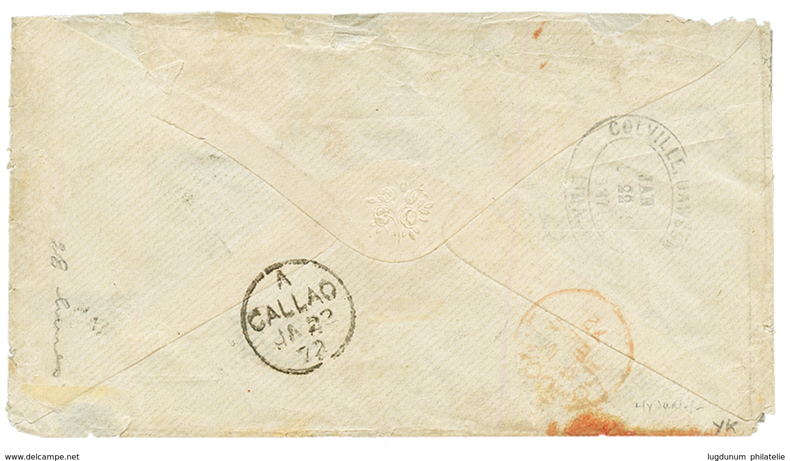 CALLAO PERU : 1872 Mixt GB 1 SHILLING + 6d + PERU 1D Canc. C38 On Envelope From LIMA To ENGLAND. Verso, CALLAO Cds. Scar - Autres & Non Classés