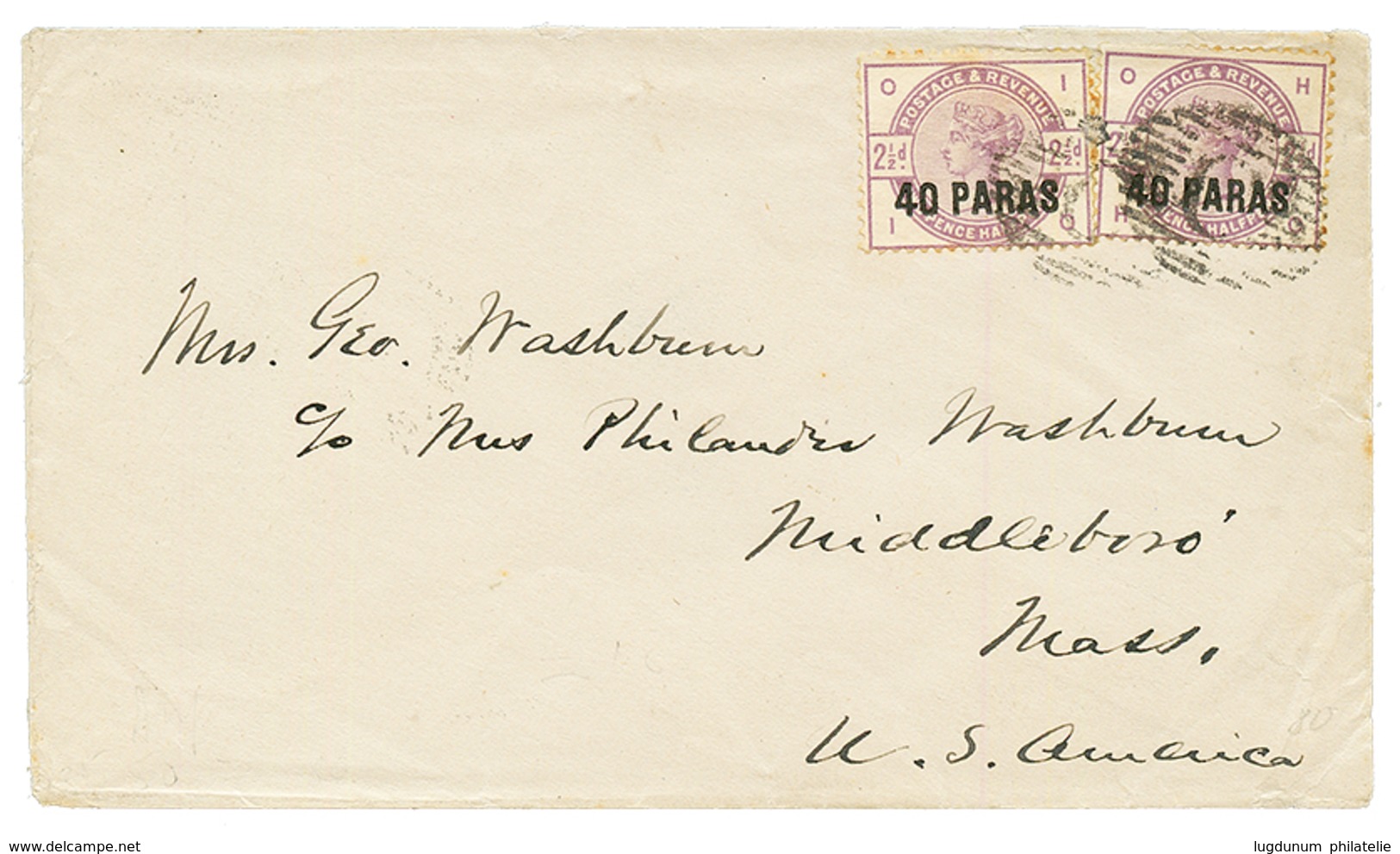 BRITISH LEVANT : 1887 40 PARAS On 2 1/2d (x2) Canc. Killer C On Envelope To USA. Verso, BRITISH POST OFFICE CONSTANTINOP - Other & Unclassified