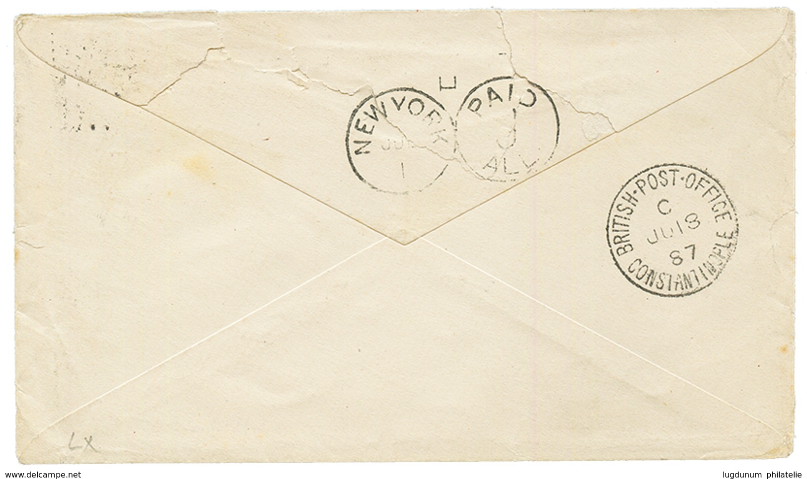 BRITISH LEVANT : 1887 40 PARAS On 2 1/2d (x2) Canc. Killer C On Envelope To USA. Verso, BRITISH POST OFFICE CONSTANTINOP - Other & Unclassified