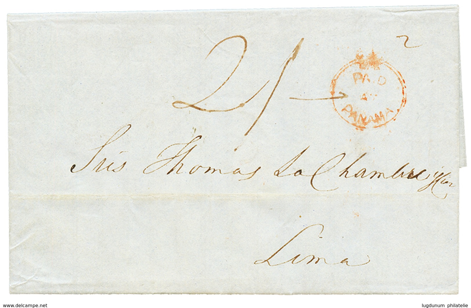 1849 PAID AT PANAMA + "2/-" Tax Marking On Entire Letter To LIMA PERU. Superb. - Autres & Non Classés