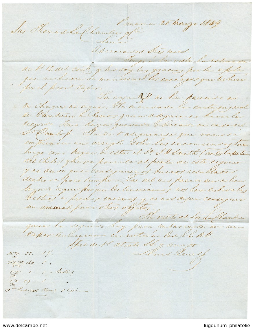 1849 PAID AT PANAMA + "2/-" Tax Marking On Entire Letter To LIMA PERU. Superb. - Other & Unclassified